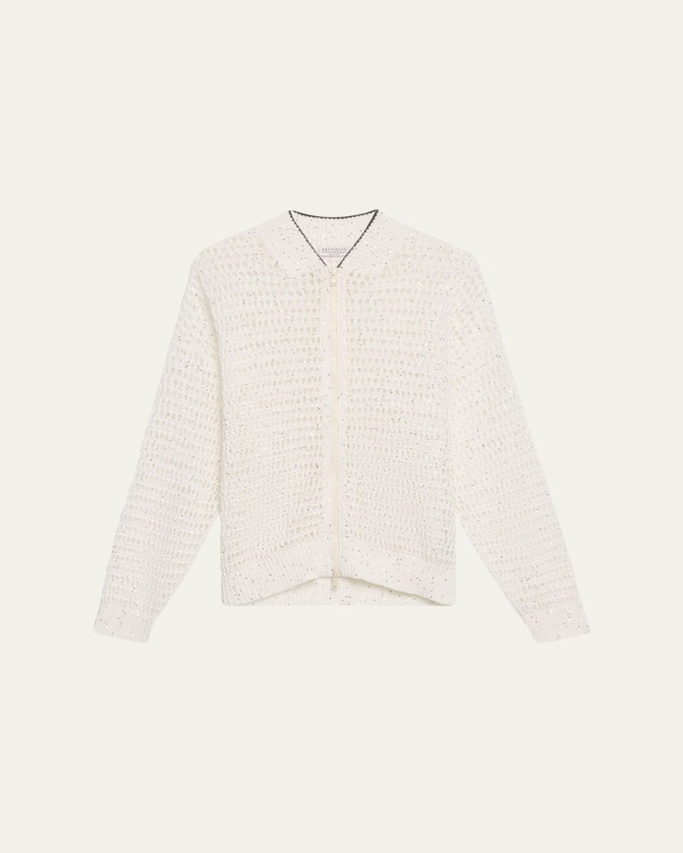 Linen Paillettes Openwork Net Stitched Cardigan